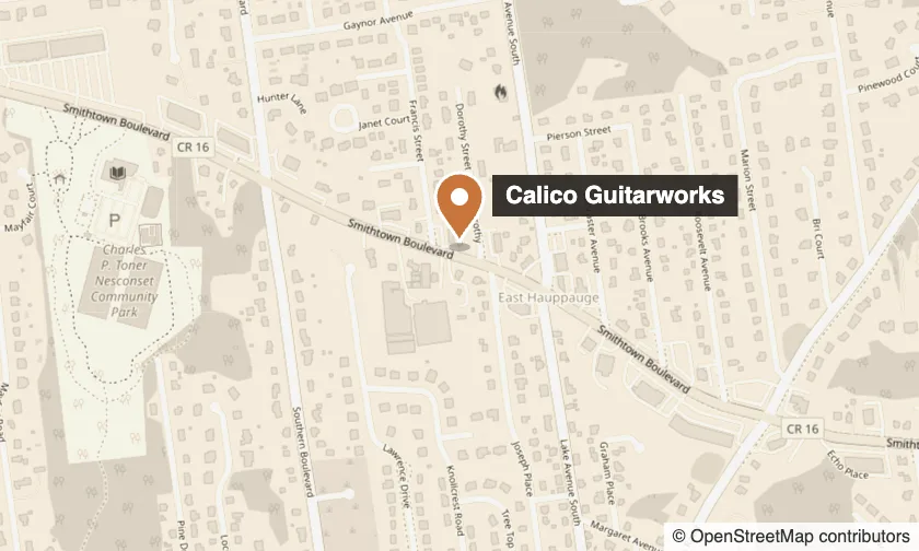 Map showing Calico Guitarworks at 201 Smithtown Blvd., Nesconset, NY